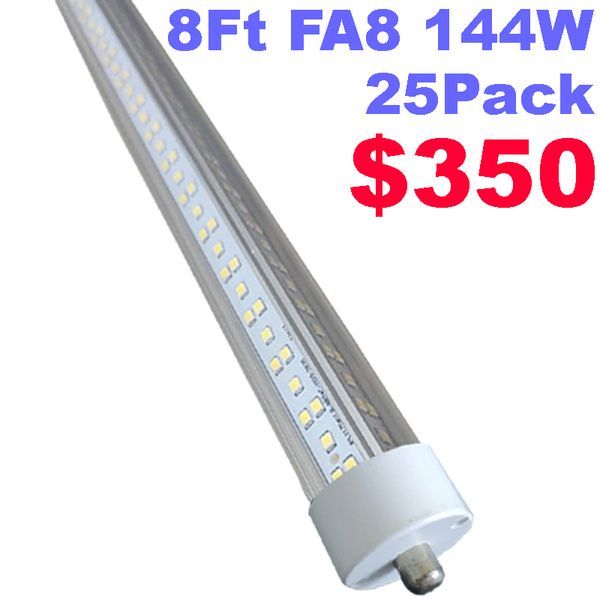 Tubo LED T8/T10/T12 da 8 piedi, base FA8 a pin singolo da 8 piedi, 144 W 18000 lm, bianco freddo 6500 K, lampadine fluorescenti a LED a forma di V a doppio lato da 8 piedi (sostituzione 250 W), copertura trasparente usastar