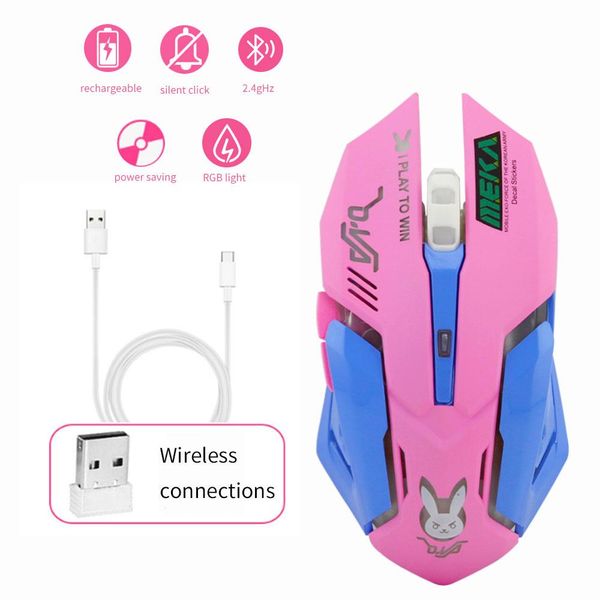 Mäuse CHUYI Drahtlose Maus D.VA Gaming Mause Rosa Niedliche Optische 3D Computer Maus 2400 DPI Bunte Hintergrundbeleuchtung Stille Mäuse PC Laptop