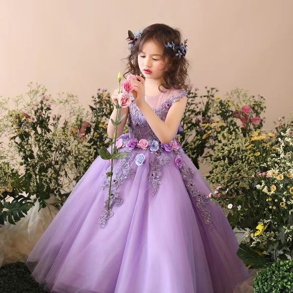 vestidos de aniversário de concurso roxo com strass com miçangas mangas curtas vestidos de meninas de flores para casamentos de pescoço puro tule lilttle crianças concurso de aniversário vestidos de casamento