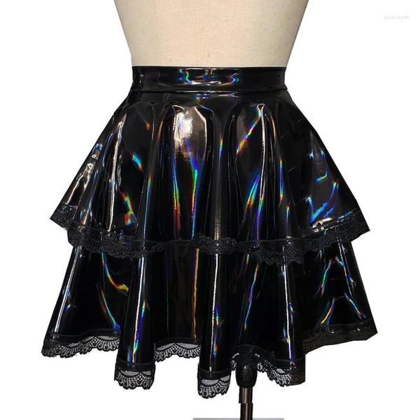 Saias brilhantes em couro de pvc alta cintura mini-saia mulher sexy laço macramo de duas camadas de partido de partido punk gothic s-7xl