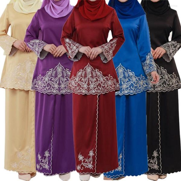 Этническая одежда Элегантная вышивка баджу курунг abaya Женщины мусульманские топы юбка костюма 2 куска Турция Дубай Кафтан Ислам Арабский Длинный Макси платье