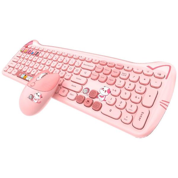 Combos mudo fofo tamanho completo 2.4g sem fio teclado mouse mesa de mesa de mesa de desenho animado gato mulheres rosa verde amarelo para laptop para PC