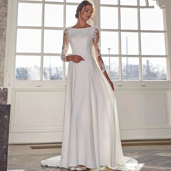 Zivile Brautkleider in A-Linie mit Spitzenärmeln, U-Ausschnitt und Knopfleiste hinten, Brautkleid aus Satin, Garten-Landhochzeitskleider