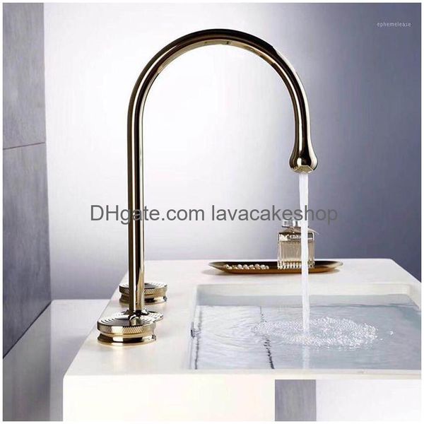 Badezimmer Waschbecken Wasserhähne Becken Wasserhahn Gold Farbe Messing 3 Löcher Doppelgriff Luxus Bathbasin Badewanne Wasserhahn und Kaltwassermischer1 Drop de Dhslk