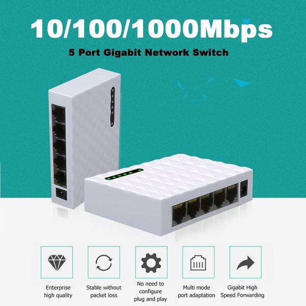 Switches 1000m Gigabit Mini 5 Porta Fast Ethernet Switch LAN Hub RJ45 Ethernet e Switching Hub Shunt Switch de desktop