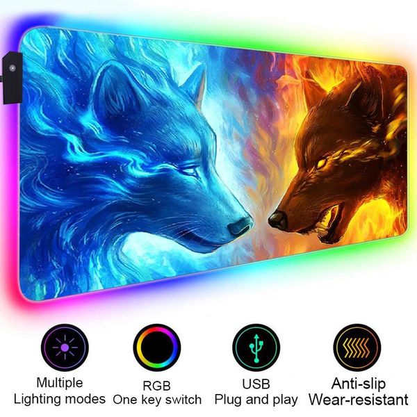 Restos RGB Mouse Pad Gamer Mats Lobo animal Mousepad xxl Teclado de velocidade do teclado para jogadores PC Gamer brilhando Mausepad grande com LED