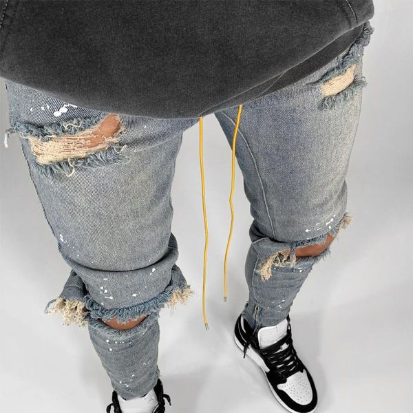 Herren-Jeans, zerrissenes Loch, für Männer, Hip-Hop-Cargo-Hose, Distressed, hellblauer Denim, dünne Herbsthose in voller Länge, Größe 40