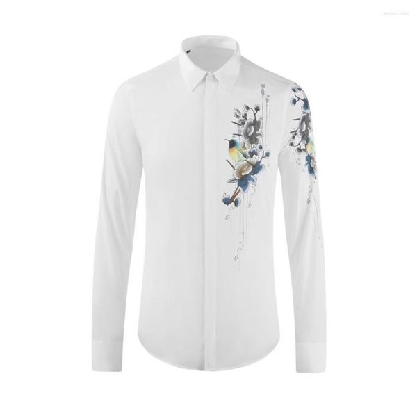 Camisas casuais masculinas Fragrância de flor de flor chinesa homens de manga longa Slim Moda pintada à mão Plus Size M L XL 2xl 3xl 4xl