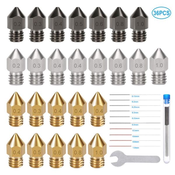 Сканирование 36pcs MK8 сопла в премиальной стали. Стальная сталь из нержавеющей стали для швейцарского MK8 1,75 мм шестигранного сопла для принтера для Ender3 CR10 KP3S