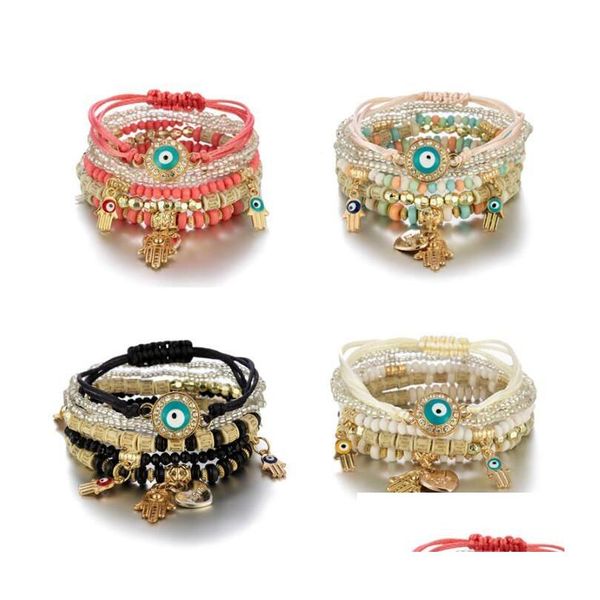 Bracelets de charme mti camada malvula os encantos de olho do mal fatima hamsa pulseira de mão de mão para mulheres trançadas homens artesanais miçangas de festas jóias dhhnkw