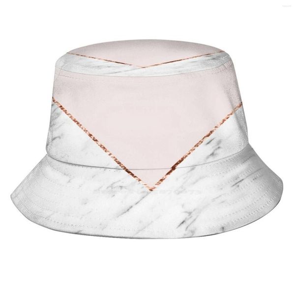 Baskenmützen Pfingstrose Blush Geometrisch Marmor Koreanische Damen Outdoor Sonnenhut Bucket Cap Roségold Rosegold Kupferfolie Glitzer Rosa