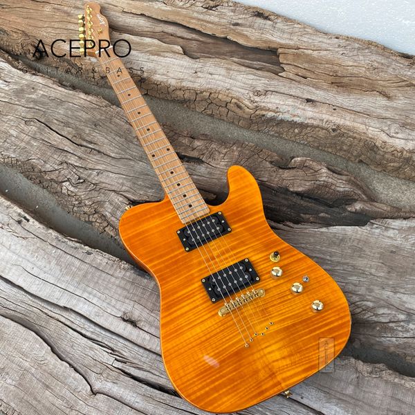 Acepro Amarelo Flame Maple Guitarra Elétrica Aço inoxidável Trets de 2 peças de mogno assado no pescoço de ouro Guitarra