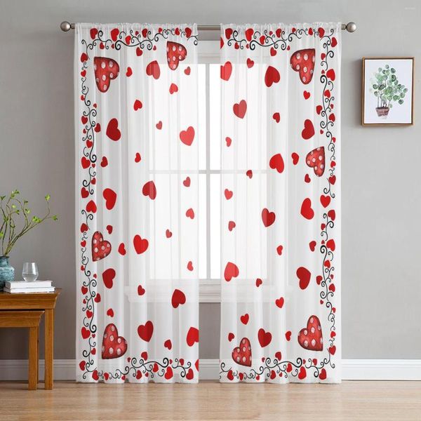 Vorhang, Valentinstag, rotes Herz, Blumenmuster, Chiffon, durchsichtige Vorhänge für Wohnzimmer, Schlafzimmer, Dekoration, Fenster, Tüllvorhänge