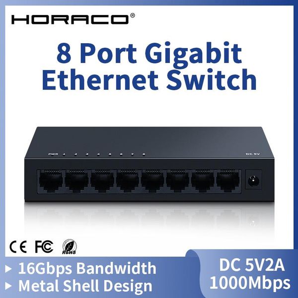 Controllo Horaco 8 porta Gigabit Smart Ethernet Switch Hub Internet Splitter Internet RJ45 LAN 1000MBPS Switcher di rete 5V2A Metal 10 Gbps Larghezza di banda