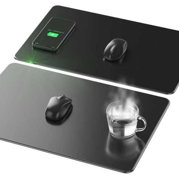 Descansa 3 em 1 grande mouse pad 15w qi carregamento sem fio bebidas aquecimento mousepad bebidas coaster plástico teclado tapete grande jogos ratos almofada