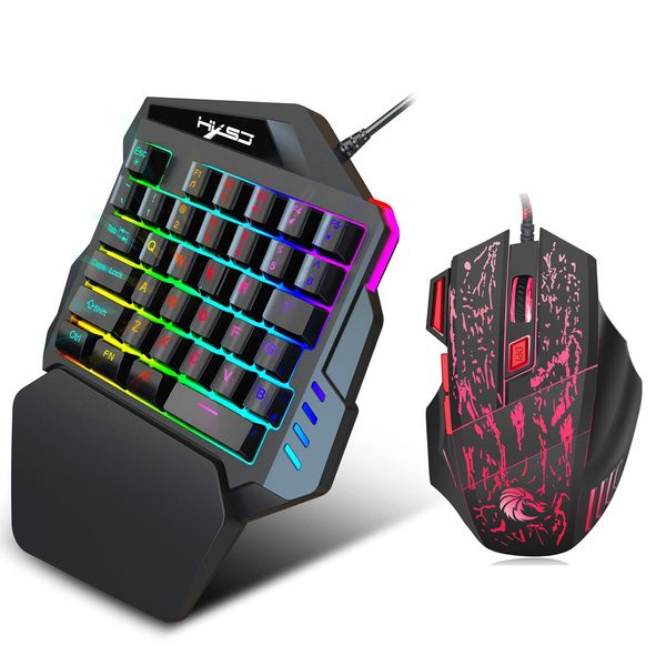 Combos HXSJ J50 Teclado ergonômico Mouse Combo Colorful Backlight One Handed Wired Gaming Keyboards 5500DPI PC Gamer Set para CS PUBG