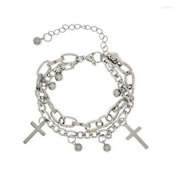 Kettengliederarmbänder Doppelstrang Rolo mit Kreuz Charms Armband für Männer Edelstahl Karabinerverschluss Verschluss Drop Lieferung J Dhw1K