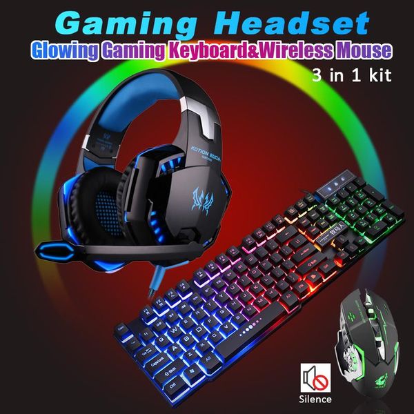 Combos Gaming-Tastatur und kabellose Maus + Gaming-Headset, tiefer Bass, kabelgebundener Kopfhörer mit Mikrofon für PS5/PS4/XBOX/PC/Laptop