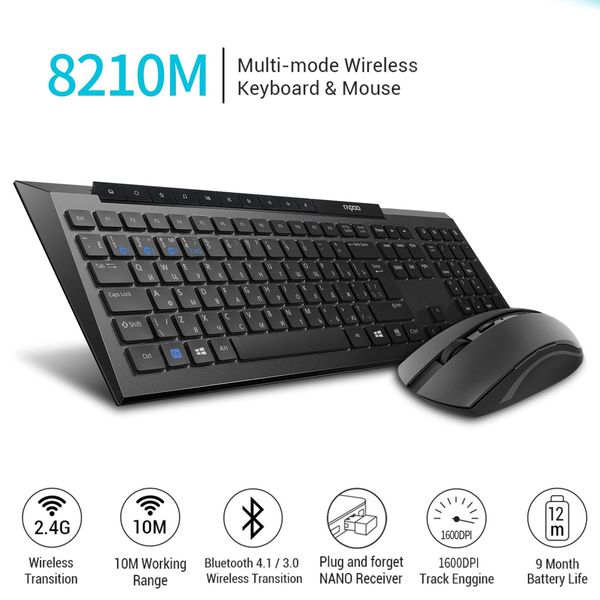 Combos Rapoo 8210M Múltiplo de teclado sem fio e mouse teclado russo Motor de rastreamento de alta definição de alta definição 1600 dpi mouse