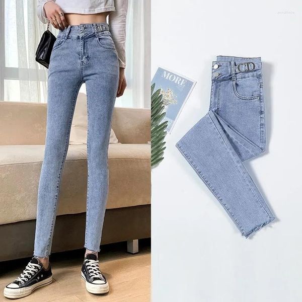 Jeans da donna Moda a vita alta Donna 2023 Lettera Lamiere di metallo Denim Stretch Skinny Pantaloni a matita Pantaloni casual Donna Blu Nero