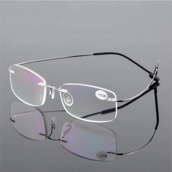 Sonnenbrille Ultraleichte flexible presbyopische Brillen Titanlegierung randlose Anti-Blau-Lesebrille quadratische Brille Brillen mit Etui 2