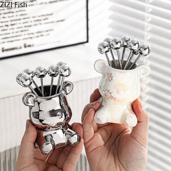 Garrafas de armazenamento Cerâmica Silver Ursion Frux Set Jar Cozinha Ornamentos de palito de dente recipientes Organizador