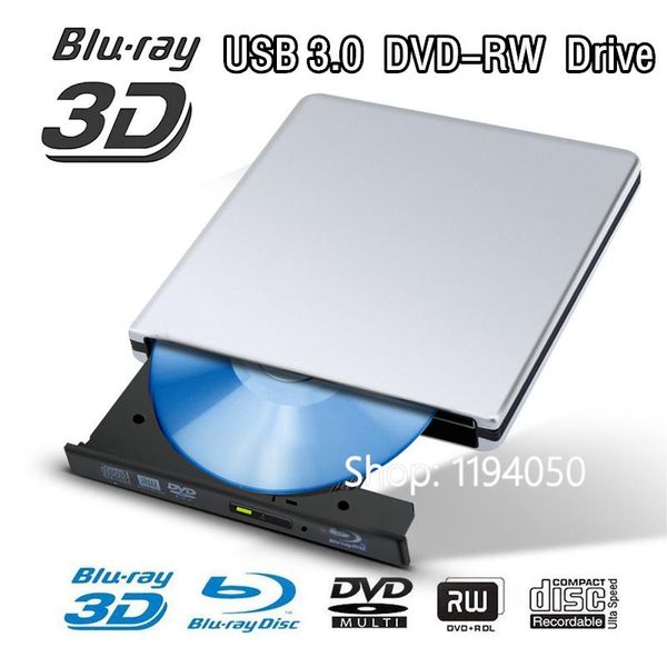 Unidades de alumínio Bluray Drive ultrafino externo USB 3.0 Bluray Burner BDRE CD/DVD RW Burner pode reproduzir disco 3D 4K BluRay