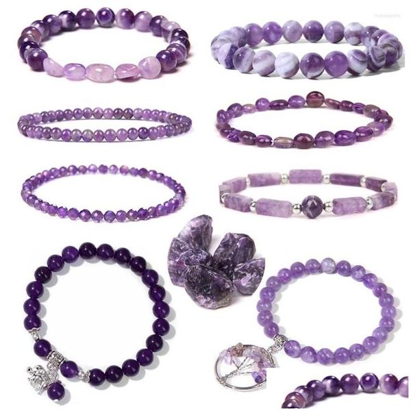 Fios de miçanga Energia natural Bracelete de ametista Cura de cura roxa Purple Stone jóias Bangle masculina Cura de ioga RILIE DH9SQ