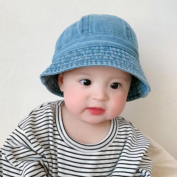 Berets Faltbare Baby Denim Eimer Hut Vintage Kinder Sonnenschutz Kappen Sommer Fischer Winddicht Riemen Jungen Mädchen Sonnenschirm