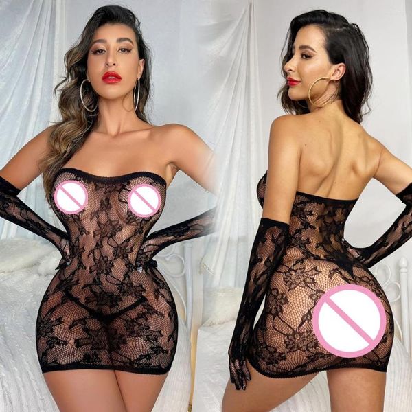 Lässige Kleider Sexy Body Stocking Kleid Fischnetz Bodysuit Einteiliger trägerloser Mesh Perspektive Bodystockings Dessous Sex Kleidung