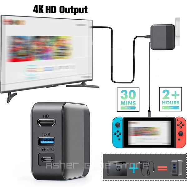 Adaptador NS Adaptador Adaptador TV Converter Docagem 4K HD Saída USB 3.0 Carregamento rápido para Nintendoswitch Nintendo Switch Console Acessórios