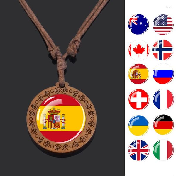 Halsketten mit Anhänger, Nationalflagge, Holzkette, Frankreich, Spanien, Polen, Ukraine, Großbritannien, Russland, Glasschmuck, Reisegeschenk