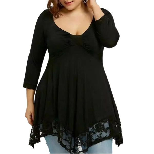 T-Shirt Plus Size 5xl Blumenspitze Saum sexy Tunika-T-Shirt Frauen Frühling Herbst große Größe Tops Rüschen unregelmäßiges Schatten übergroße Blusas