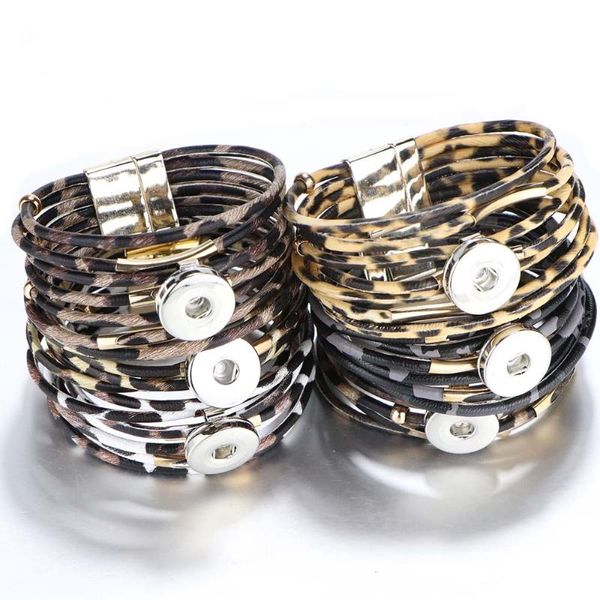 Braccialetti con ciondoli Gioielli con bottone a pressione Bracciale da 18 mm Punk Pelle multistrato Bracciale con fibbia con magnete leopardato Scatta gioielliFascino