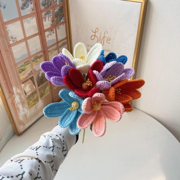 Dekorative Blumen, 5 Stück, blühende Tulpen, künstlicher kreativer Blumenstrauß, DIY, Wolle, handgewebt, 6 Blütenblätter mit Staubgefäßen, unsterblich