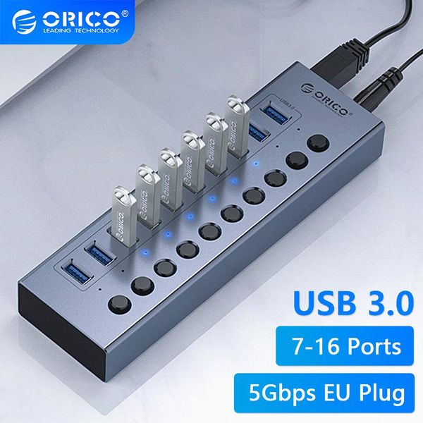 Hubs ORICO alimentato USB 3.0 Hub 7/10/13/16 Porte estensione USB con switch on/Off Supporto adattatore 12v Supporto BC1.2 CARCAGGIO PER PC