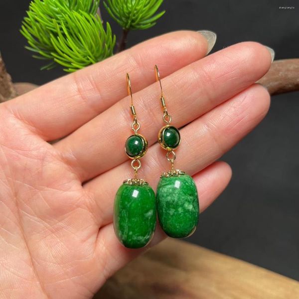 Brincos de Dangle Jade verde para mulheres Jóias naturais Charmos vintage Gemstone 925 Silver Emerald Gift Greads Designer Luxo Chinese Chinese