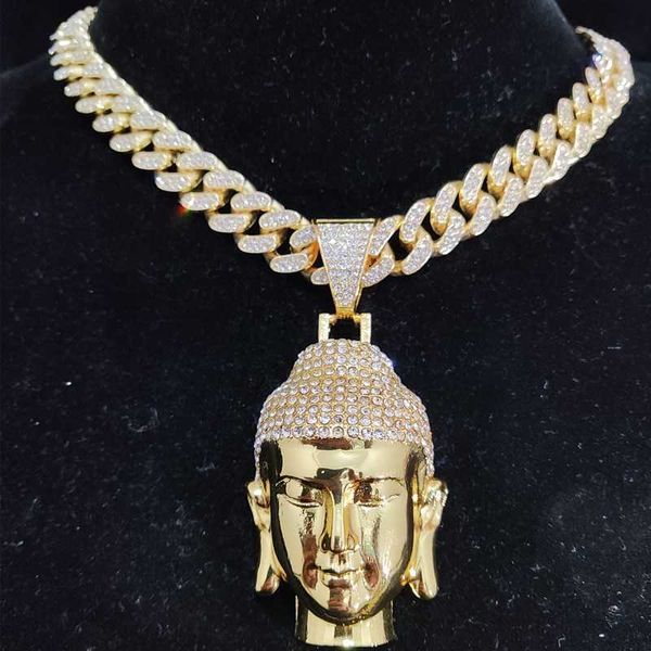 Collana con pendente a forma di Buddha Hip Hop da donna con catena cubana in cristallo da 13 mm Collane con amuleto HipHop Gioielli con ciondoli di moda Migliori regali