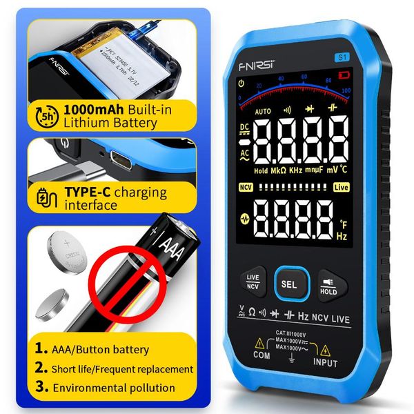 FNIRSI S1 Multimetro digitale intelligente 9999 conteggi AC DC Tensione Resistenza Capacità Diodo NCV Hz Live Wire Display a colori Tester