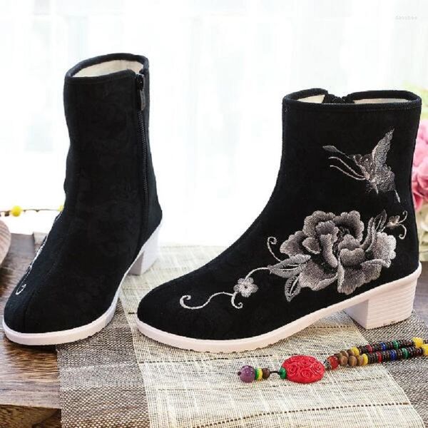 Stiefel Frühling Herbst China Stil Retro Dicke Absätze Sticken Reißverschluss Nähen Leinwand Frauen Knöchel Kurz Reitsport 20230701