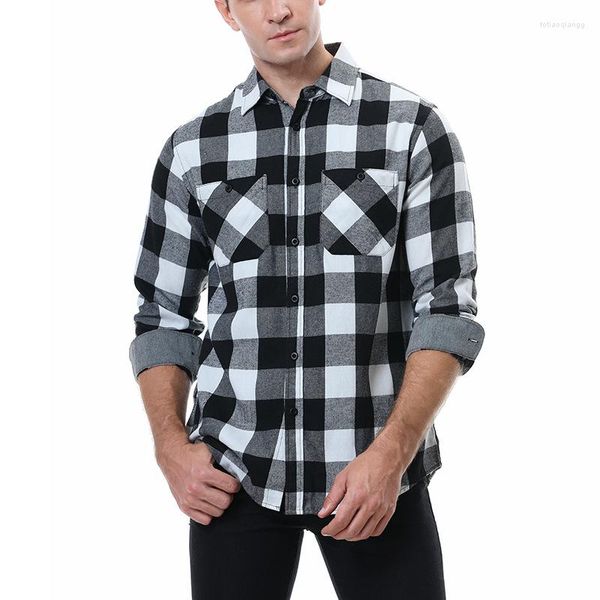 Camicie casual da uomo Taglia USA Cotone Primavera e autunno Camicia a quadri a contrasto da uomo Flanella Moda lucidata Lana non stirata Business