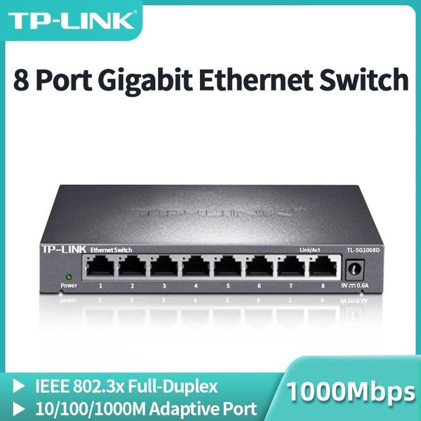 Переключатели Tplink 8 Port Gigabit Ethernet Switch 1000 Мбит / с сетевого переключателя RJ45 Подключите и воспроизводите сетевой концентратор интернет -сплиттер TLSG1008D