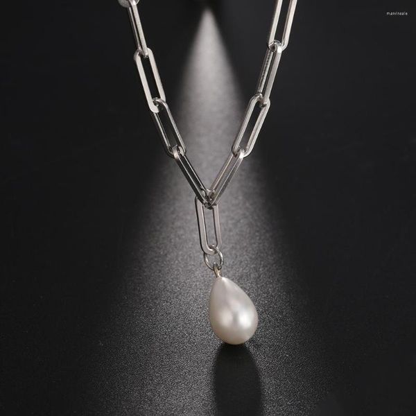 Catene Teamer Pearl Water Drop Beads Collana con ciondolo per donna Collane in acciaio inossidabile Graffetta Collo quadrato Catena Girocollo Gioielli