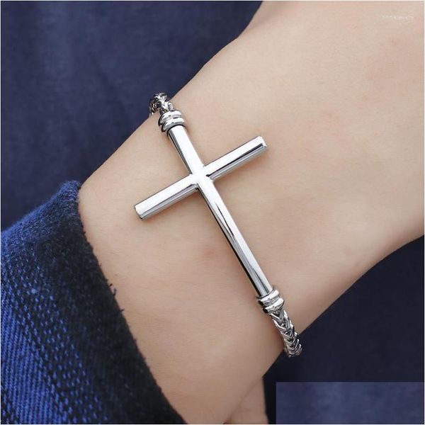 Kette Link Armbänder 8,26 Edelstahl Schmuck Silber Farbe Einfache Titan Religiöse Kreuz ID Armband Armreif Für Frauen Herren Drop D Dhukn