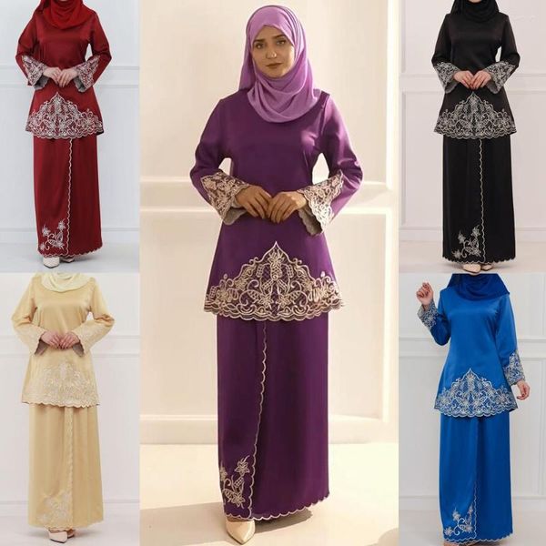 Roupas étnicas muçulmanas conjuntos de mangas compridas tops sais malaysia baju kurung terno turco bordado casual mulheres sólidas cenas combinando senhoras