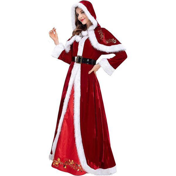 Senhoras Papai Noel Tema Trajes Mulheres Vestido De Veludo Com Capuz Com Cinto Festa De Férias Vestido De Manga Longa Roupas De Natal