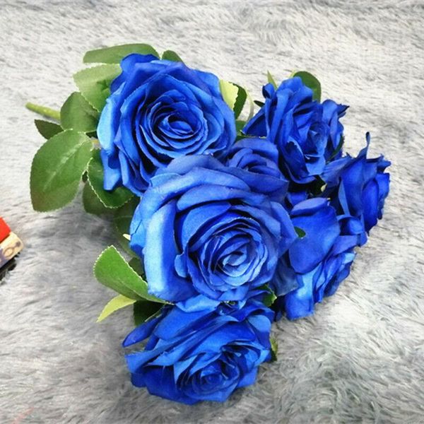 Fiori decorativi 1 mazzo 10 teste bouquet artificiale di rose di seta decorazioni per feste a casa per la decorazione blu