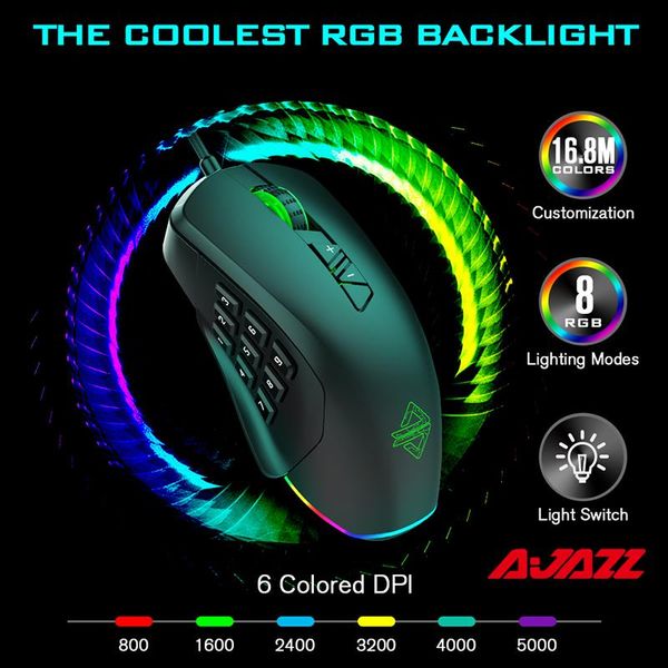 Ratos ajazz usb gaming mouse rgb retroiluminado ergonômico com fio mouse de computador 14 botões 5000dpi sensor óptico ratos para computador portátil