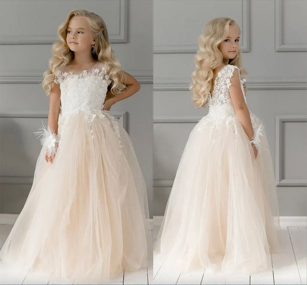 Süßes Champagner-Spitzen-Blumenmädchenkleid mit Schleifen, Erstkommunionkleid für Kinder, Prinzessin, formelles Tüll-Ballkleid, Hochzeitskleid, 4–8 Jahre