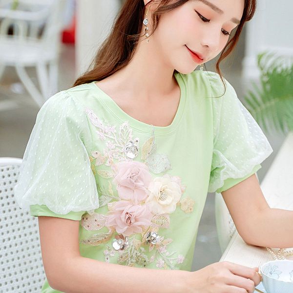 Camisetas femininas verdes lanterna solta lanterna curta Mulheres 2023 verão fresco e doce tamanho grande tops